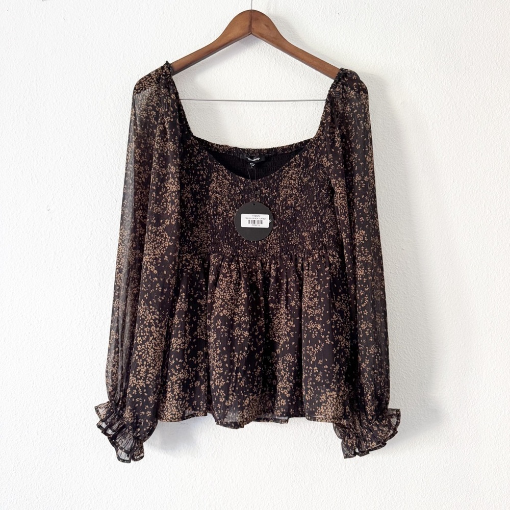 Mittoshop Floral Smocked Long Sleeve Black Tan Top Large Boho Cottagecore - Picture 3 of 16